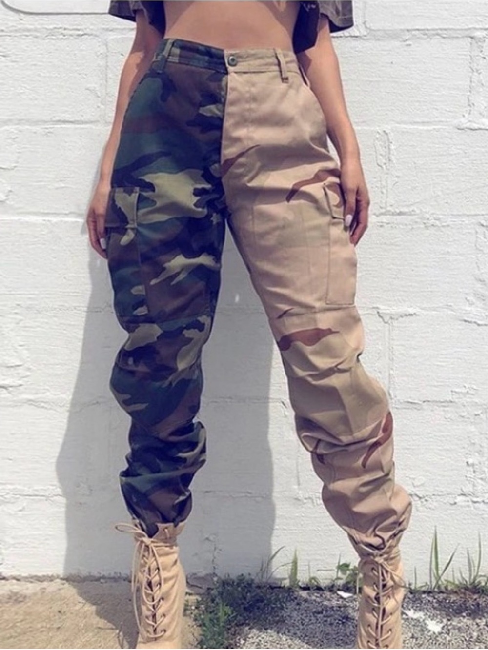 Two-Tone Camo & Tan Cargo Joggers - Women's Track Pants